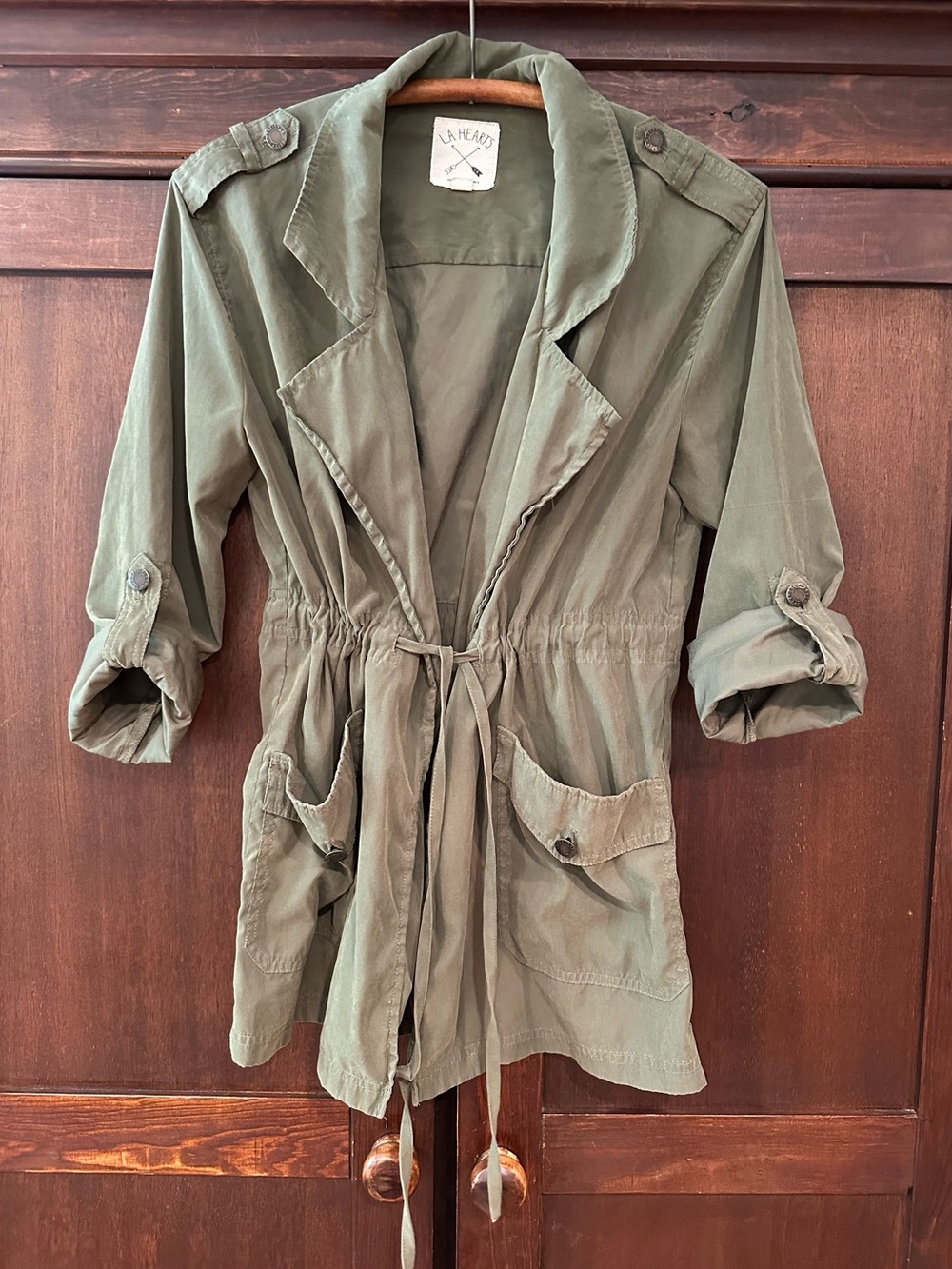 LA Hearts • army green, open front jacket • drawstring waist • pockets